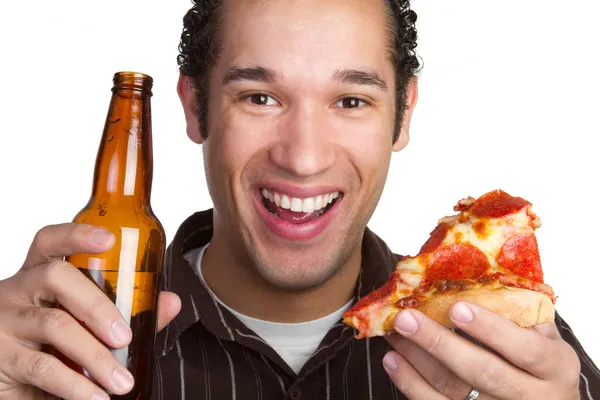 Człowiek Pizza i piwo — Zdjęcie stockowe