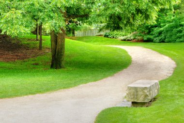 Stone bench on a gravel path clipart