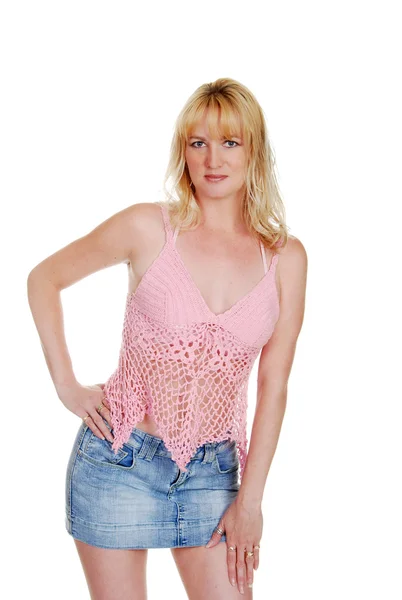 Blonde wearing a jean skirt with pink la — Stock Photo, Image