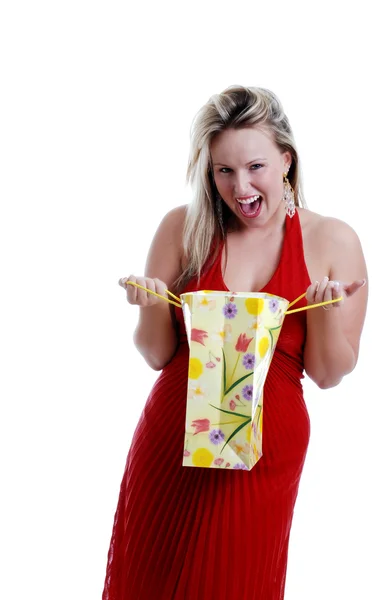 Woman excited about surpise present — Stock Photo, Image
