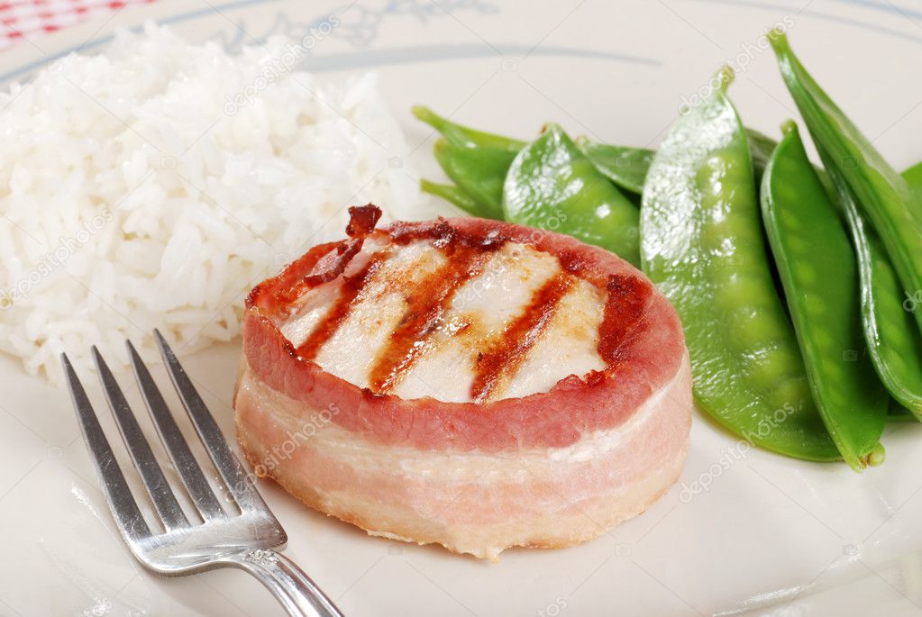 Bacon wrapped chicken with rice and snow