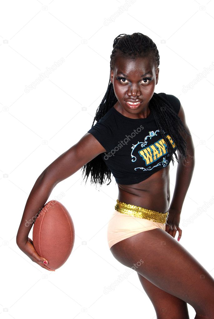 Jeune Femme Sportive Tenant Un Ballon De Football Cachant Son