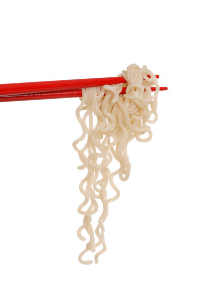 Chopsticks holding oriental noodles