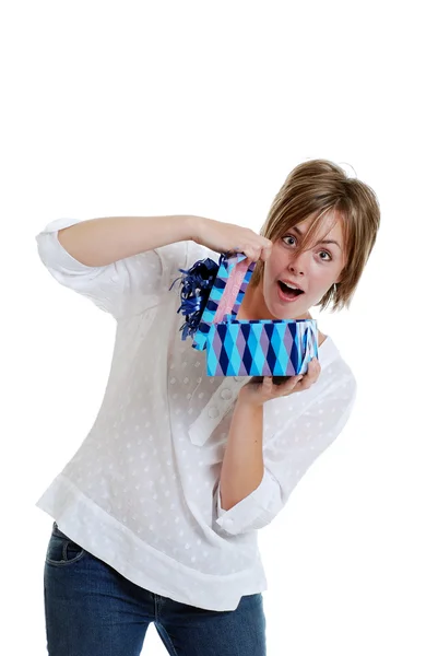 Young Girl surprised with a present — Stock Photo, Image