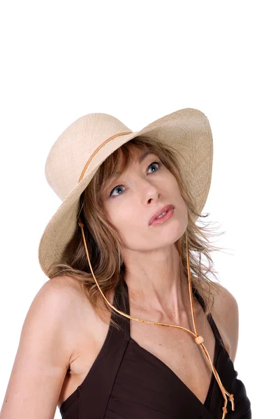 Vrouwen met stro hoed denken — Stockfoto