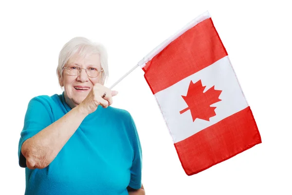 Felice donna anziana sventola bandiera del Canada — Foto Stock