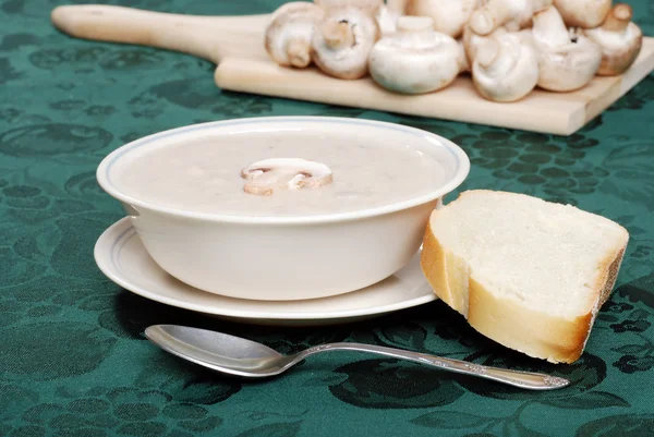 stock image Mushroom soup with fresh bread