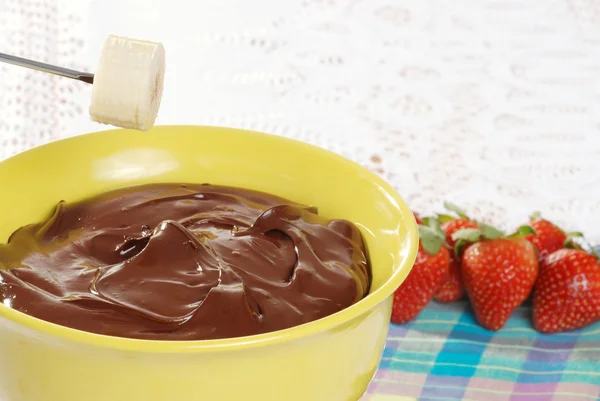 Banana ready to chocolate fondue dip — Stock Photo, Image