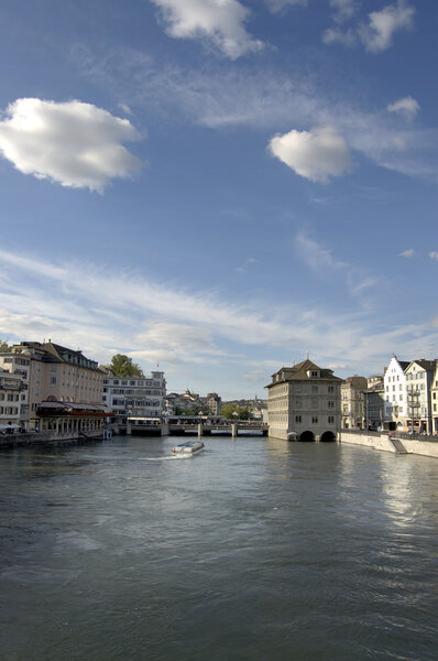 Water bus on the main river through Zurich