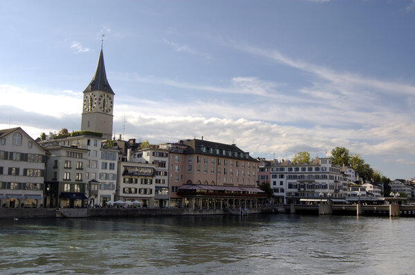 The busy riverfront area of Zurich late afternoon