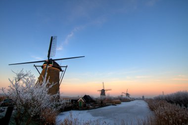 Kışın Hollanda yel değirmenleri