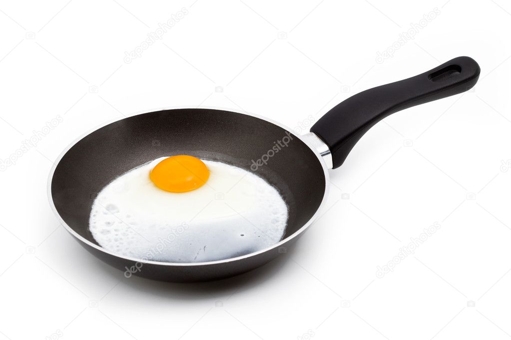 A baked egg in a pan isolated on white