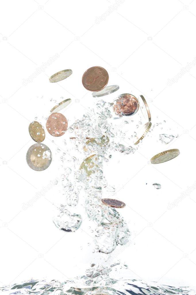 Euro coins jumping out of the clear wate