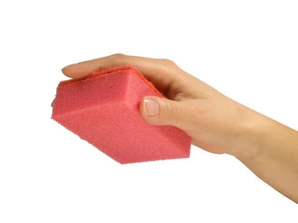 Hand and red sponge — Stock Photo, Image