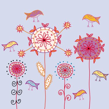 Card with traditional flowers and birds clipart