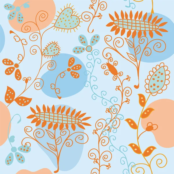 Blumiges blaues und orangefarbenes nahtloses Muster — Stockvektor