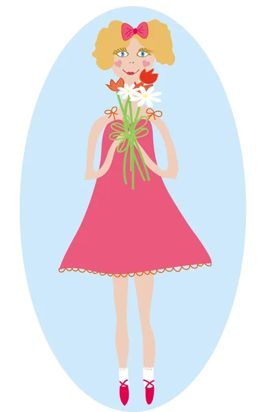 微笑女孩束鲜花 — 图库矢量图片