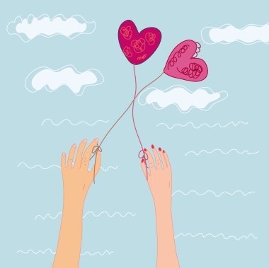 Two hand with heats baloons in the sky clipart