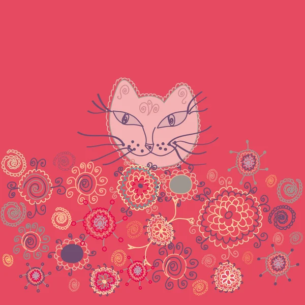 고양이와 양식에 일치 시키는 꽃 카드 — 스톡 벡터