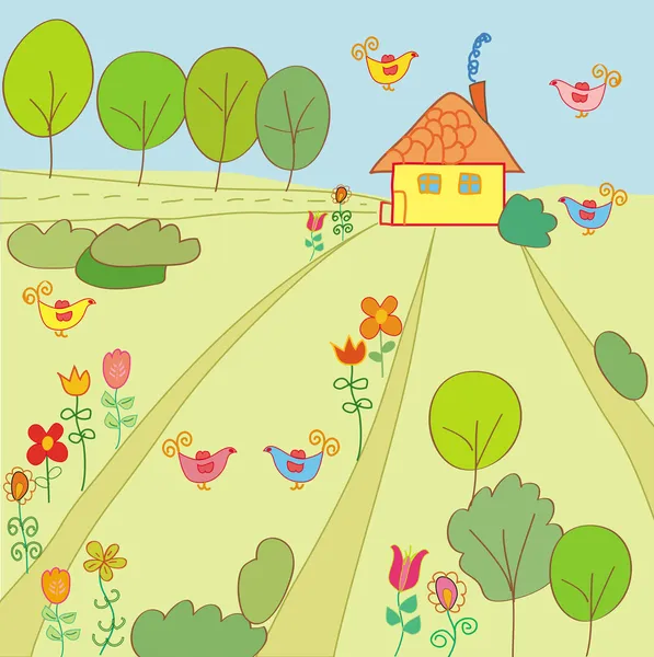 Krajina s domem, květin a ptáků — Stockový vektor