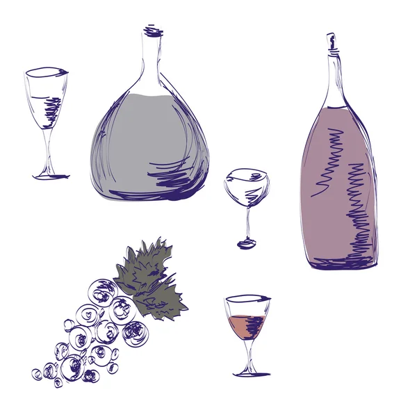 Esboço de garrafas de vinho e copos —  Vetores de Stock