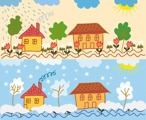 Krajina s domy během ročních období — Stockový vektor