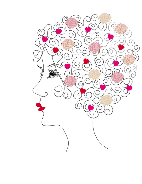 女人脸与头发中的玫瑰 — 图库矢量图片