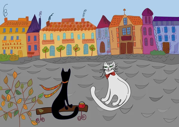 Cats date in the town — Stok Vektör