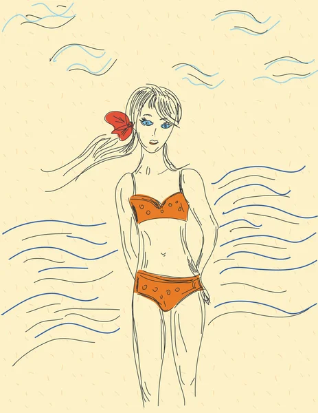 海のスケッチの女の子 — ストックベクタ