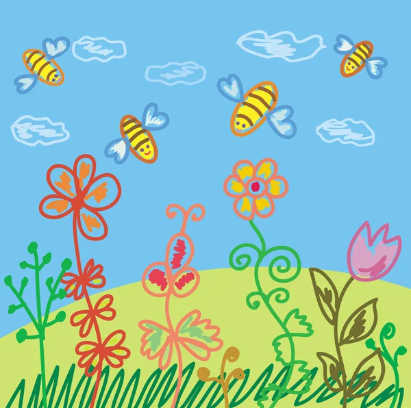 Letní scéna s včely — Stockový vektor