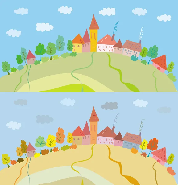 Hill houses in summer and autumn — Stock Vector