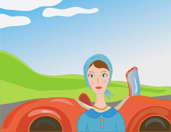 Femme près de la voiture dans le style rétro — Image vectorielle
