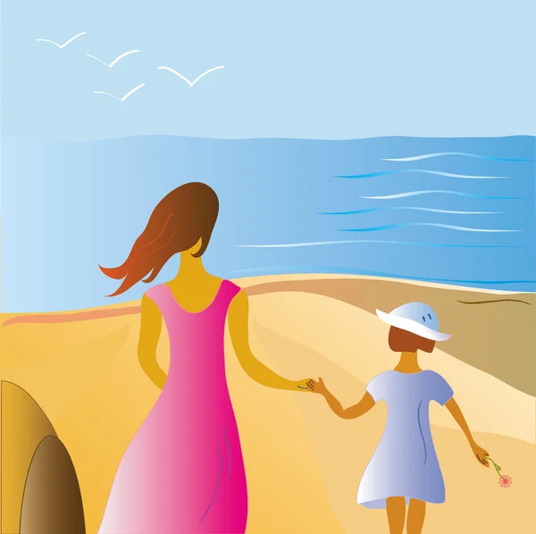 Mère et fille à la mer — Image vectorielle