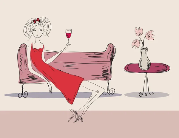 Fille en robe rouge à la fête — Image vectorielle