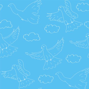 Seamless pattern with doves and clouds clipart