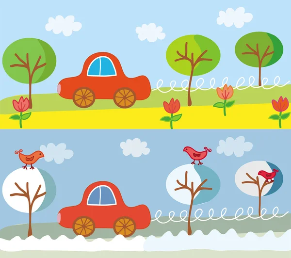 Cute car in summer and winter — Stock Vector