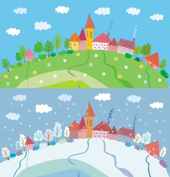 Paysage printanier et hivernal avec maisons — Image vectorielle