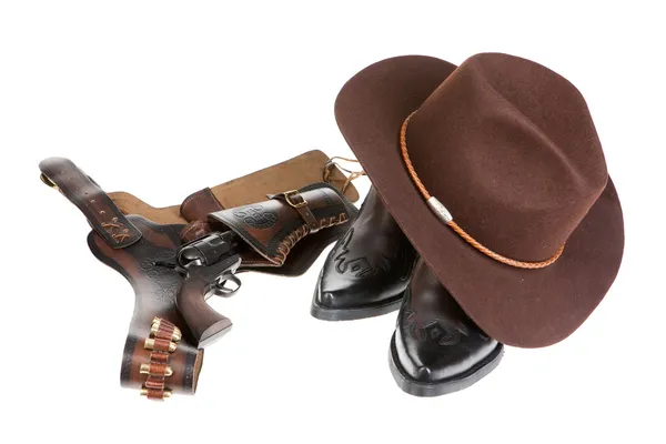 牛仔帽子、 靴子和左轮手枪 — 图库照片