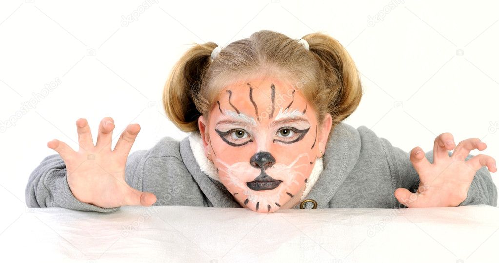 Girl with drawing by mask tiger