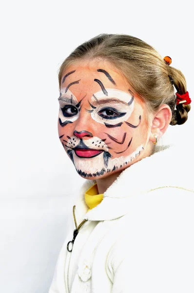 Girl with drawing by mask tiger — Stock Photo, Image