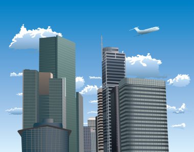 Skyscrapers against blue sky with white clipart