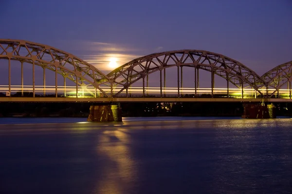 Night Train on Iron Bridge — Stock Photo, Image