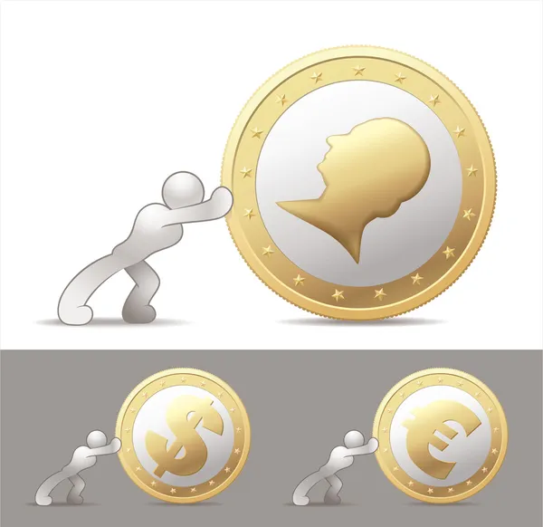 Human pushing on a giant gold coin — Stockvector