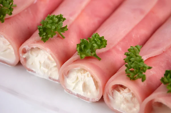 Ham rolls filled by whipped cream — Stock Photo, Image