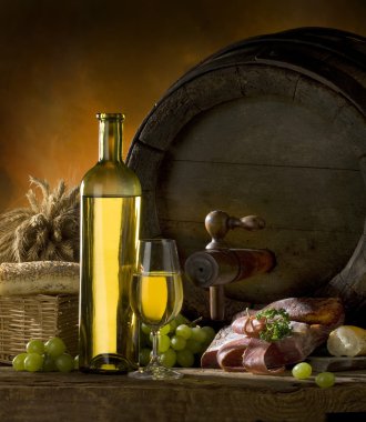 Still-life with wine and barrels clipart