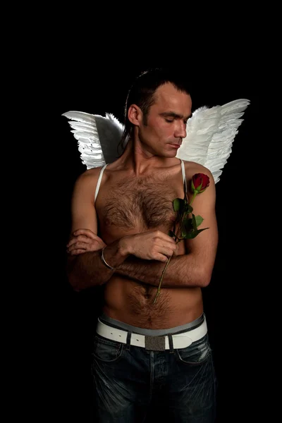 Człowiek z różą i skrzydła — Zdjęcie stockowe