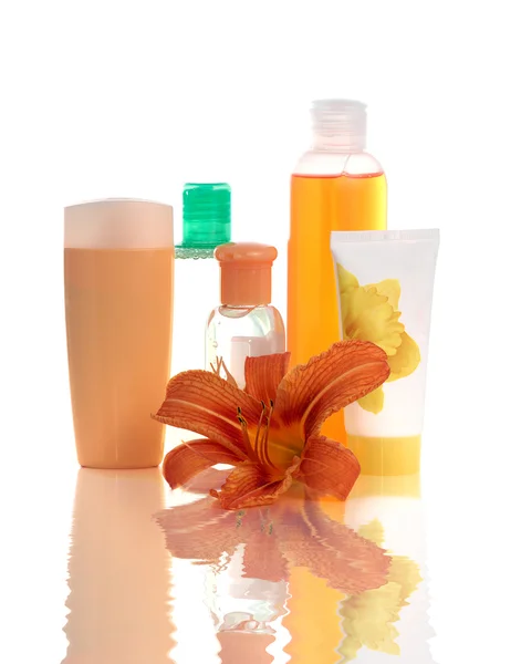 Uppsättning av aprikos kosmetiska behållare — Stockfoto