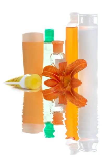 Set van abrikoos cosmetische containers — Stockfoto