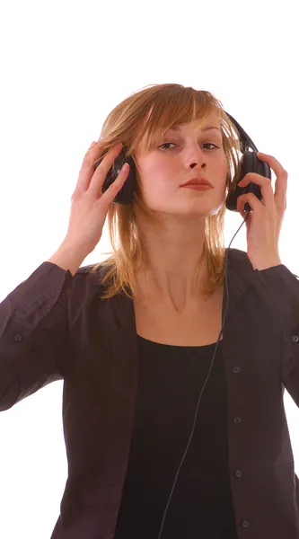 Szőke lány fülhallgatóval — Stock Fotó