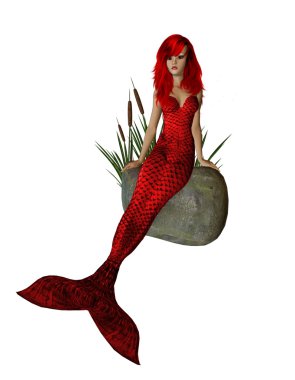 Red Mermaid Sitting On A Rock clipart